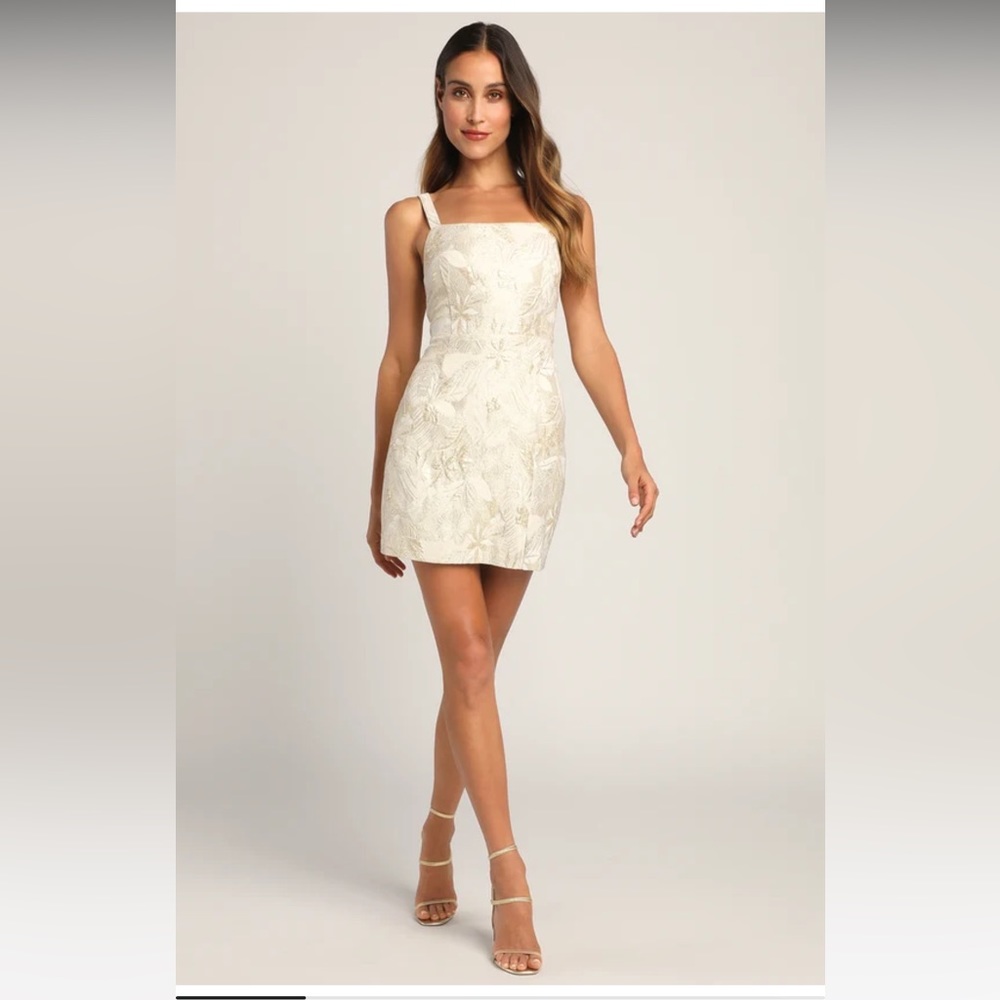 Shine for Us Cream Metallic Tropical Jacquard Mini Dress